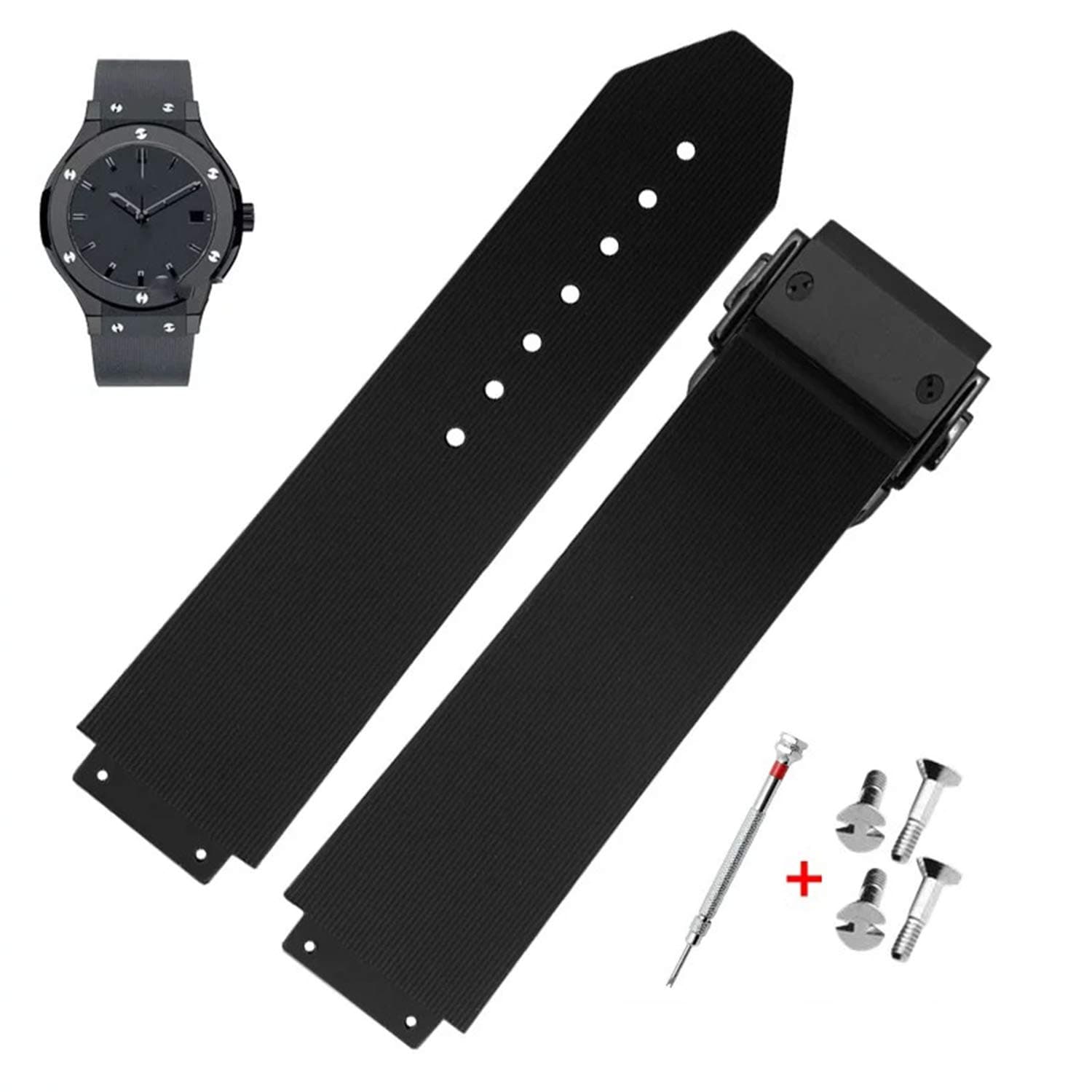 21mm Rubber Watch Strap with Replacement Band Tool for Hublot Big Bang (Black Stripe - Black Buckle)