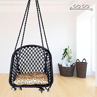 Patiofy D Shape Cotton Wooden Swing/Jhula Swing & Golden Floral Cushion - Black - 64 X 61 X 2.5 Cm