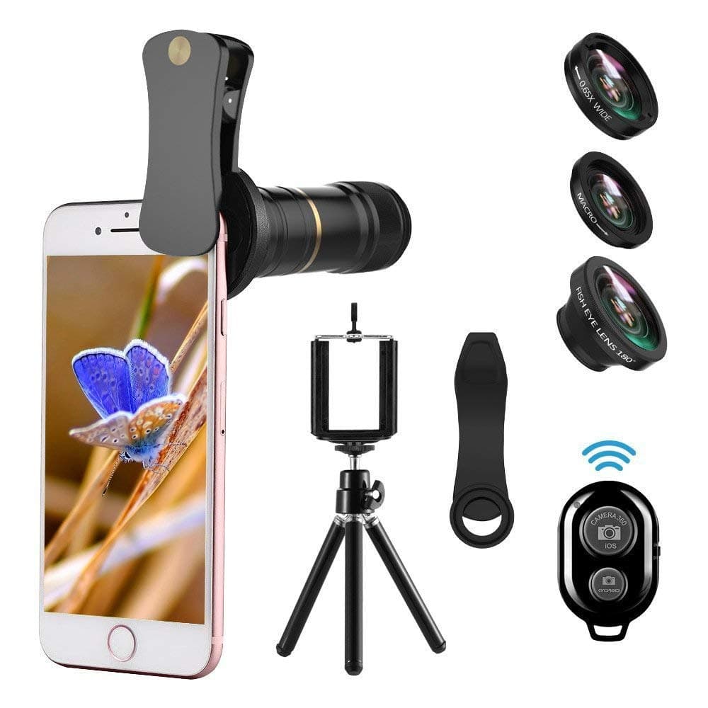 Camera Lens Compatible for iPhone X, 4 in 1 Cell Phone Lens, 12X Telephoto Lens + 180° Fisheye Lens + 0.65X Wide Angle Lens & Macro Lens Compatible with iPhone X XS XR 8 7 6 Samsung