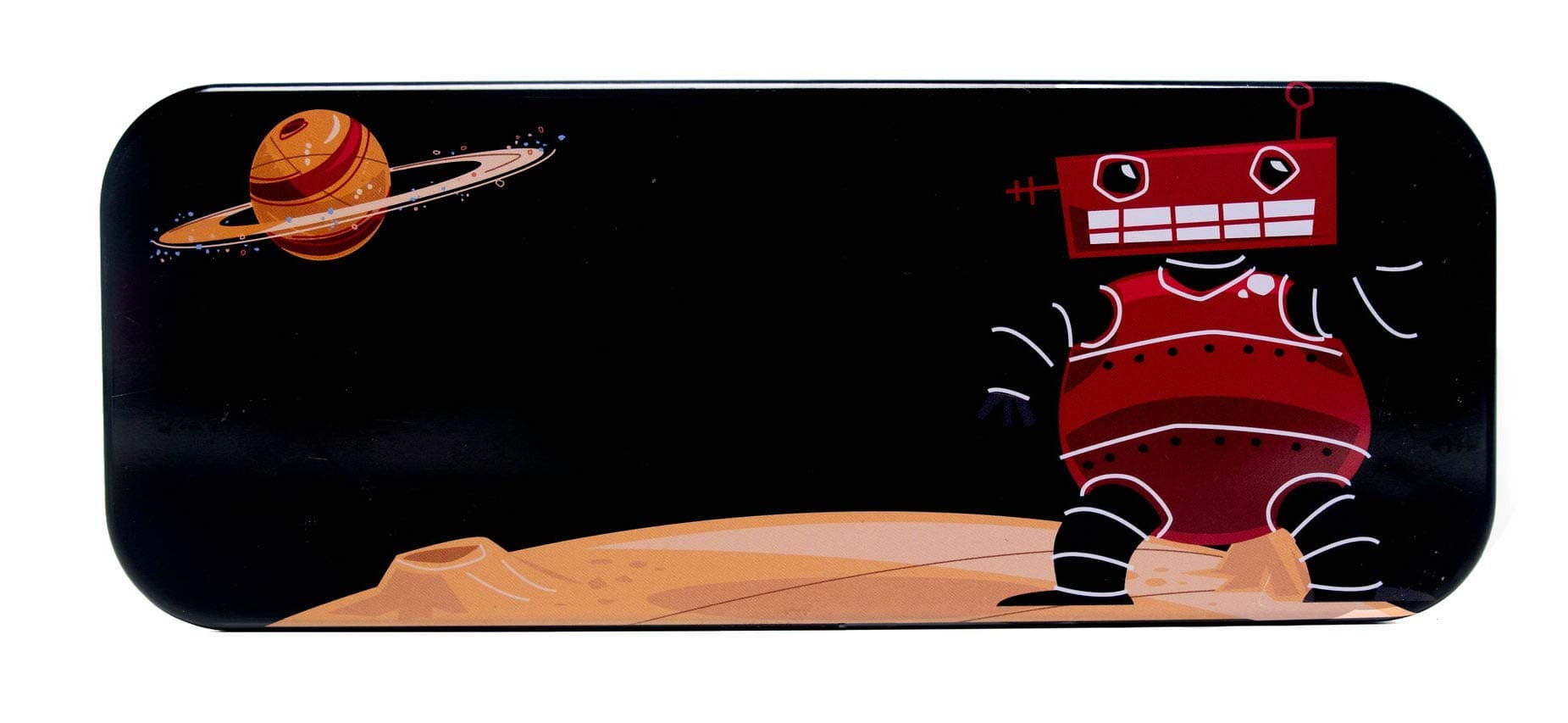 Black, Tin, Eco-Friendly, Mini Pencil Box with Robot Character. Use As Pencil, Jewelry, Gift, Candy, Baby Shower, Make-up, Wedding Favor or Birthday Gift Box