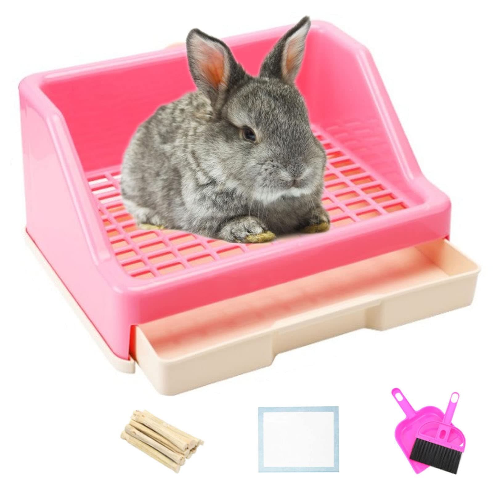 Hamiledyi14 Pcs Rabbit Litter Box with Drawer Urinal Pad Pet Toilet Cage Trainer Corner Potty Cleaner Broom Brush Dustpan for Guinea Pigs Chinchilla Ferret Bunny Hedgehog Small Animals(Pink)