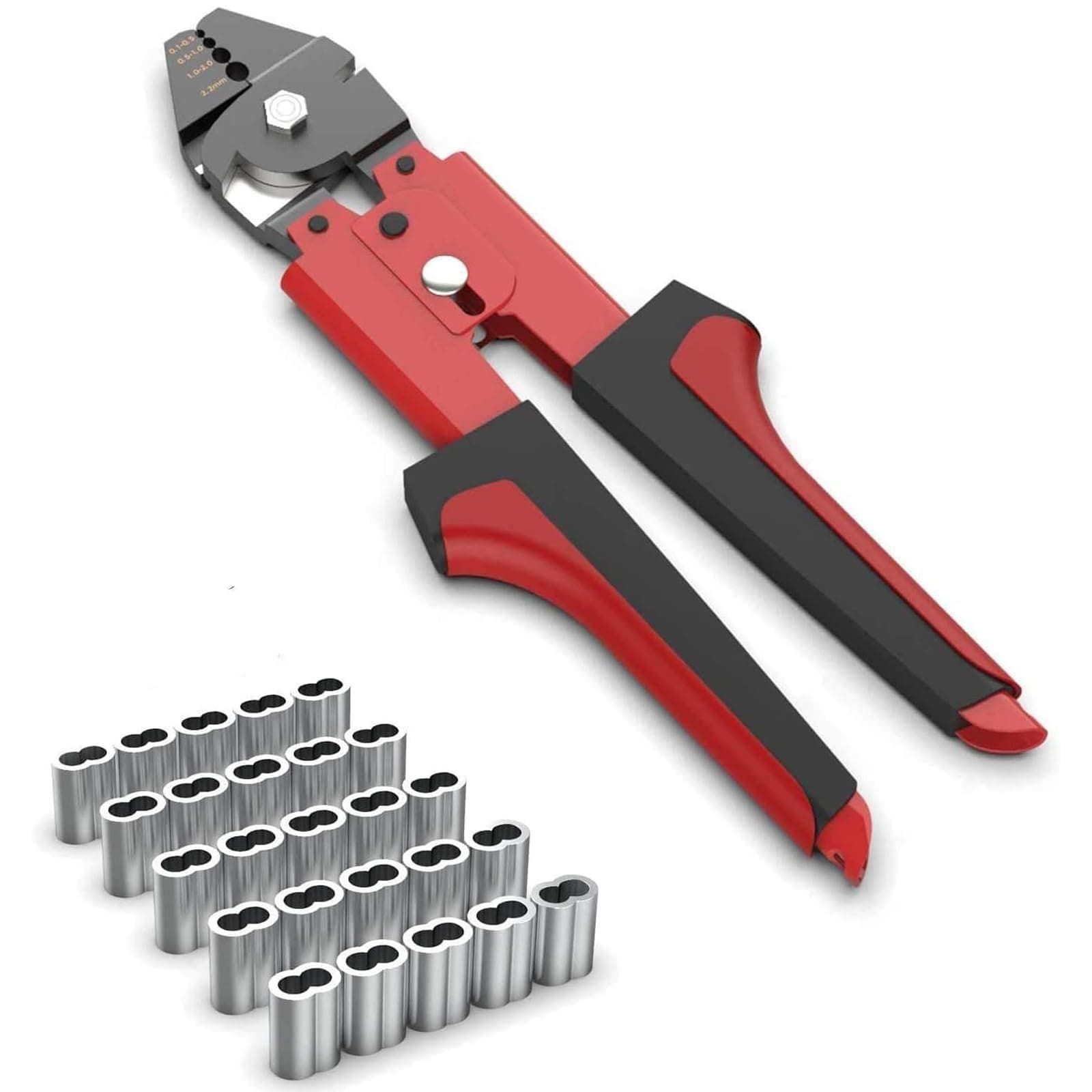 Wire Rope Crimping Tools,0.1-2.2mm Ferrule Crimping Tool Swager Wire Crimper Cutters with 100PCS Aluminum Double Barrel Ferrule Crimping Loop Sleeve Kit Hand Crimper for Fishing Hanging Wire Fencing