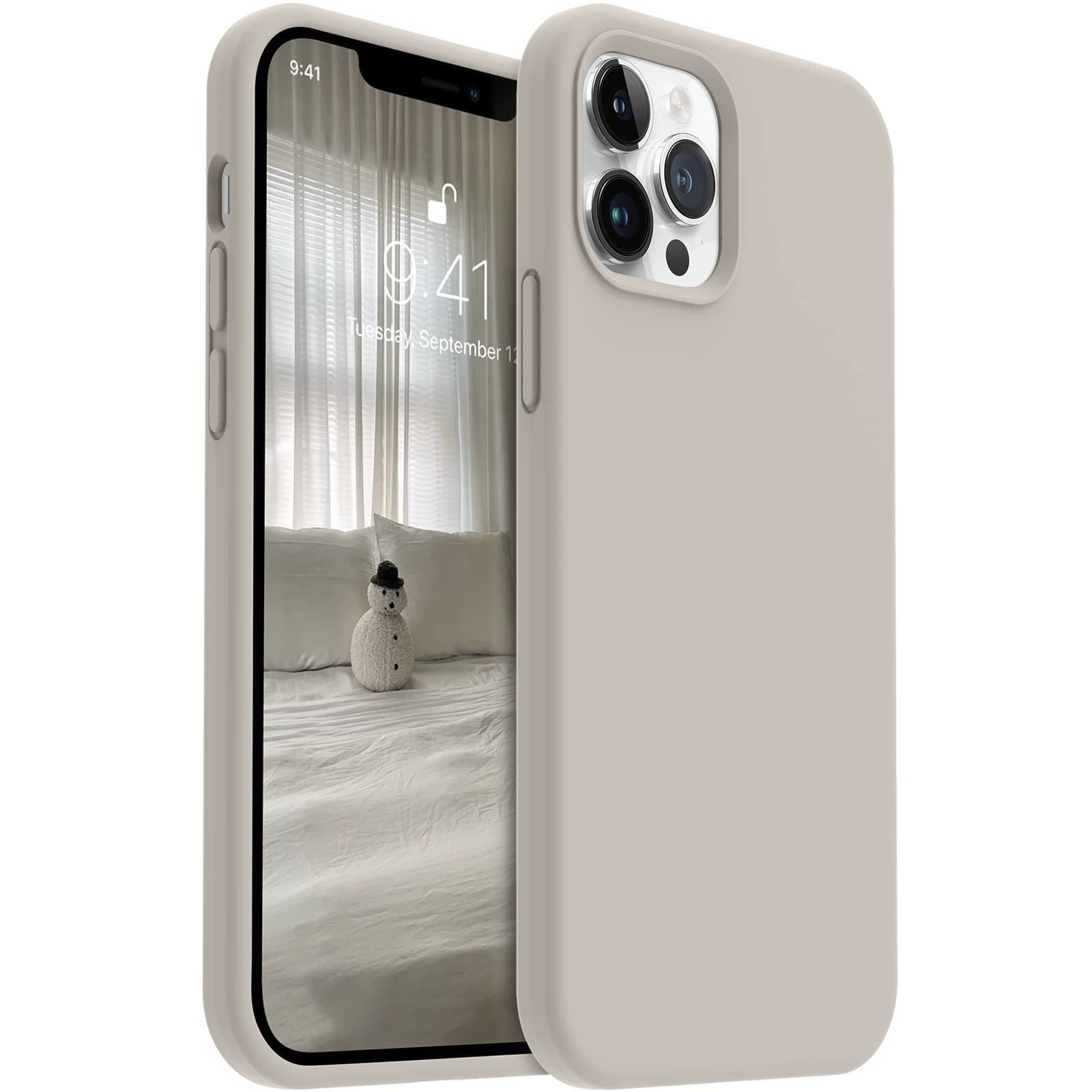 AOTESIER Shockproof for iPhone 12 Pro Max Case, Liquid Silicone Phone Case with [Soft Anti-Scratch Microfiber Lining] Drop Protection 6.7 inch, Stone