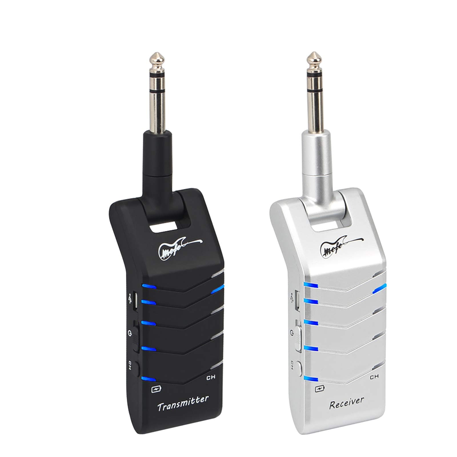 Mefe 2.4GHz Guitar Wireless System Rechargeable Wireless Digital Transmitter Receiver 5 Channels Stereo for Electric Guitar Bass (Black+Silver)