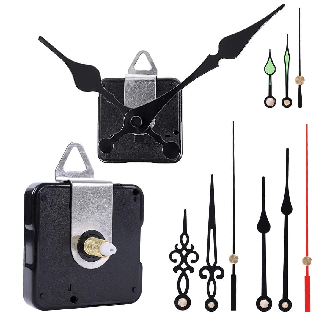 EMOON 2 Pack Non Ticking Clock Mechanism with 4 Pack Clock Hands, Clock Movement Motor Kit for Clock Repair, Replacement and Custom Clock (Total Shaft Length 7/8 in)