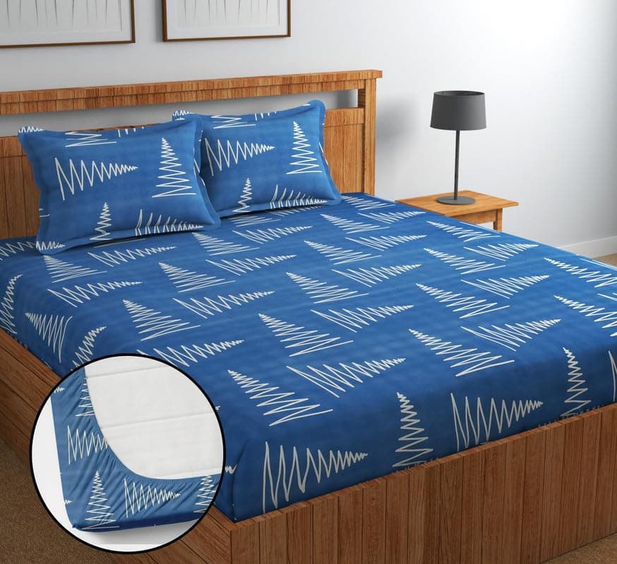 NEW LEAF Premium Cotton 210Tc Elastic Fitted Bedsheets with 2 Pillow Covers | Double/Queen Bed with All Around Elastic 180 TC Supersoft Breathable |Size-78 x72+10 inches | Dark Blue & White