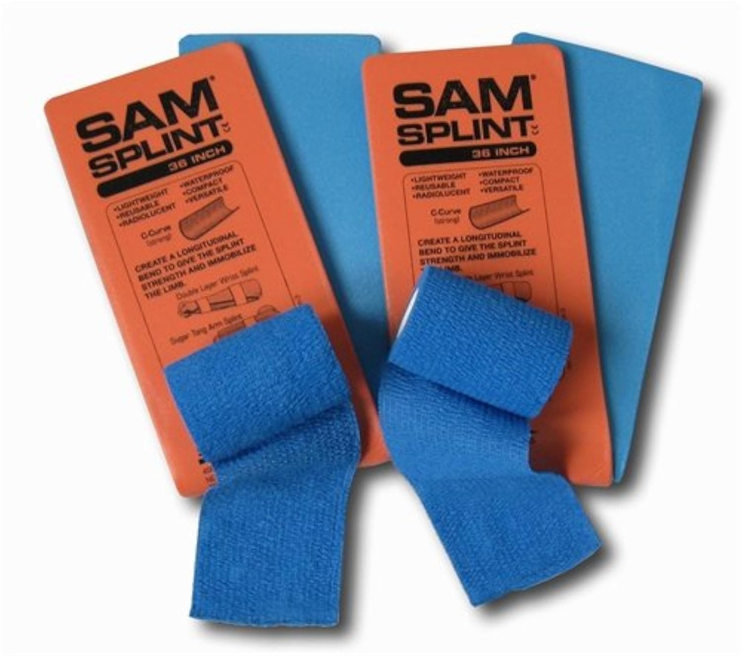 Rescue Essentials SAM Splint Combo Pack, (2) 4.25" x 36" Orange/Blue Flat Fold Moldable Splints for Fracture & Sprain Immobilization Plus (2) 3" x 5 Yards Blue Cohesive Wrap, First Aid Emergency Use- 4 Piece Kit