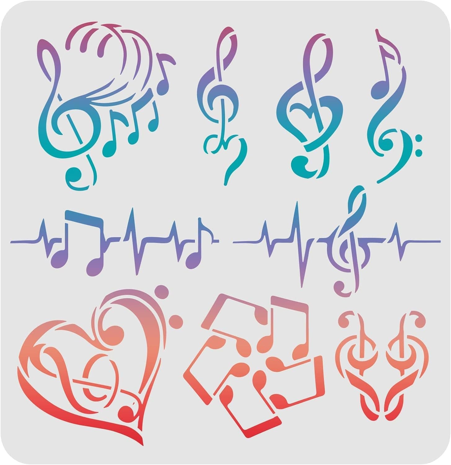 Music Note Stencils Template 11.8x11.8inch Plastic Heart Notes Stencils Various Shapes Notes Pattern Reusable Stencils for Painting on Wood, Floor, Wall and Tile