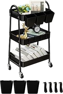 danpinera 3-Tier storage trolley, Metal storage cart with Lockable Wheels & Hanging Cups & Hooks, storage trolley on wheels for bathroom, kitchen, craft, beauty, Black