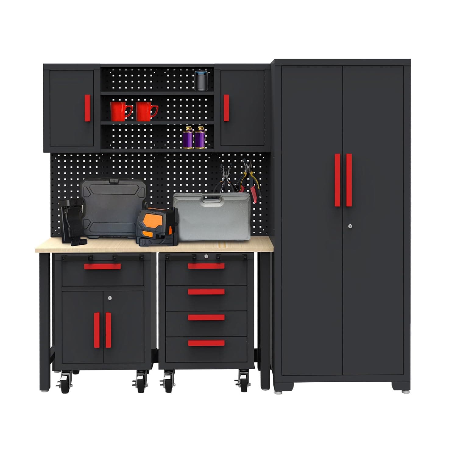 Garage Storage Cabinet System 6-Pcs Workshop Set Garage Cabinets and Storage System with Steel Cabinet Drawers, Rolling Chest, Workbench, Pegboard for Garage Tool Organization, Black and Red