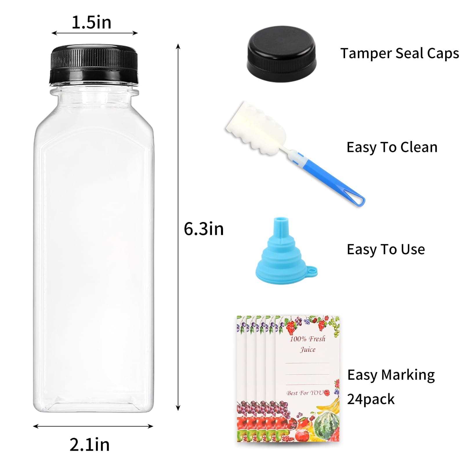 SUPERLELE 20pcs 12oz Empty Plastic Juice Bottles with Caps, Reusable Water Bottles, Clear Bulk Drink Containers with Black Tamper Evident Lids for Juicing, Smoothie, Drinking and Other Beverages