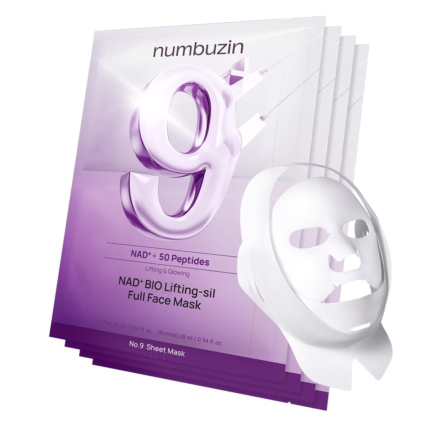 No.9 Sheet Mask | NAD+ BIO Full Face Mask | Improves Jawline, Jowls, Wrinkles, Neck Lines | Peptides, NAD+, Collagen | Skin Firmness | 4 Sheets + Band