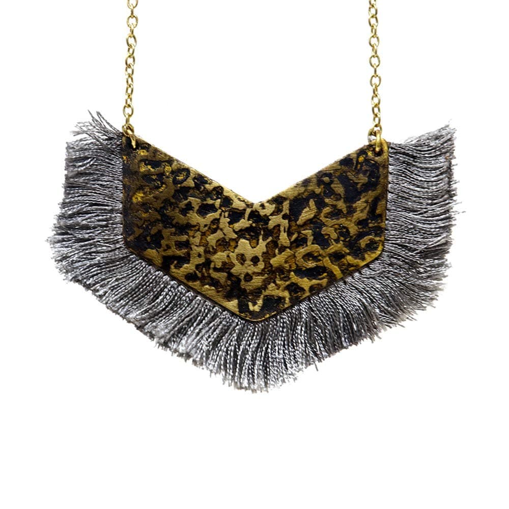 Alphabey Hammered V Gold Plated Brass and Grey Polyester Tassel Pendant Necklace.