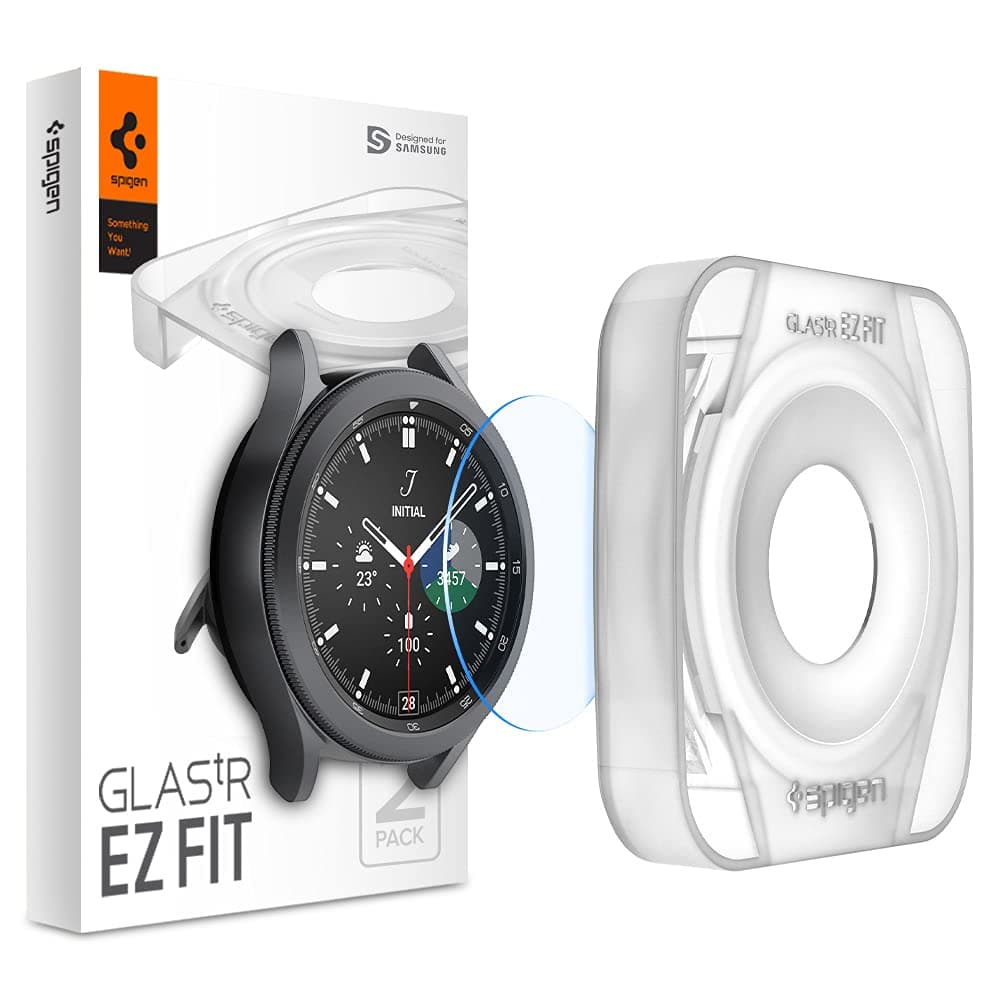 Spigen GLAStR EZ Fit [2-Pack] designed for Samsung Galaxy Watch 4 CLASSIC (46mm) Tempered Glass Screen Protector with Auto Align technology tray