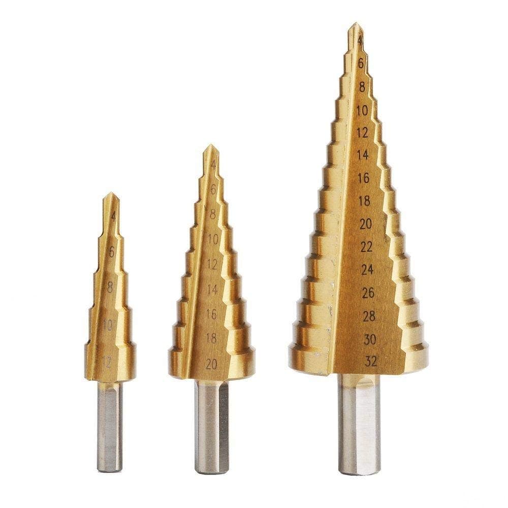 Autek 3Pcs HSS Steel Large Step Cone Drill Titanium Bit Set Hole Cutter 4-12/20/32mm