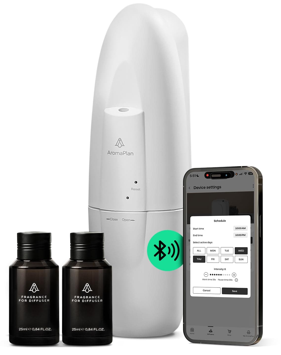 AromaPlan 5 Star Collection Plug in Diffuser (2 Fragrances Included)-Cold Air & Waterless Diffusers for Home & Office- Silent Wall Diffuser Plug in, Bluetooth App Control, 1000 sq. ft (White)