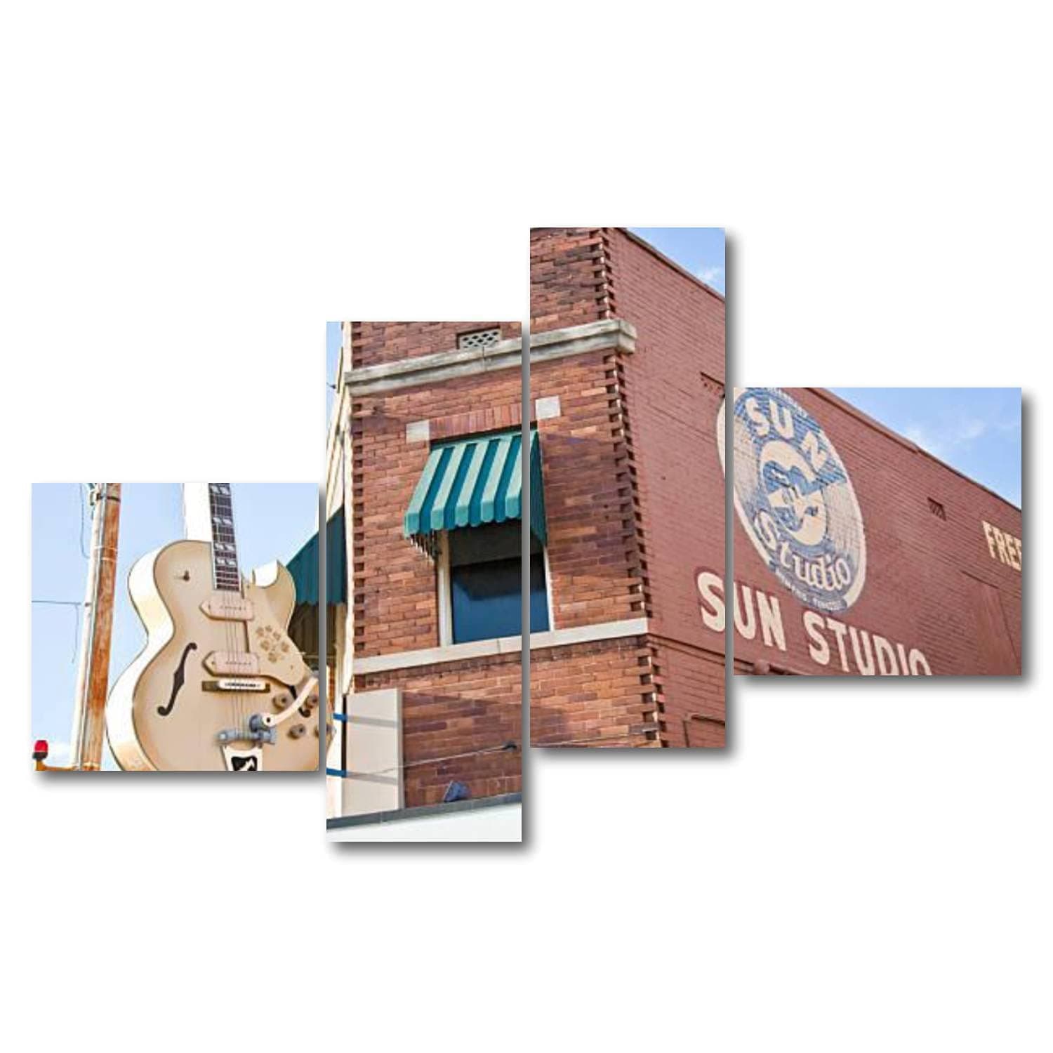 Personalized Wall Art Prints Huge Gibson guitar outside Sun Studio Memphis Tennessee Framed Artwork for Living Room Art Wall Painting Pictures 4 Panels Canvas Posters Home Office Décor