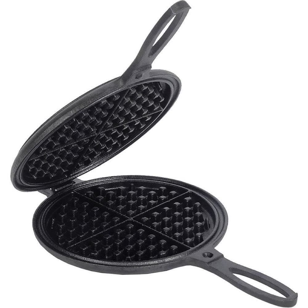 Lehmans Cast Iron Waffle Maker - Two Piece Hinged Non-Electric Waffle Iron for Stovetop or Grill Makes 7 inch Round Waffles - Non-Drip Double Rim - 8 pounds