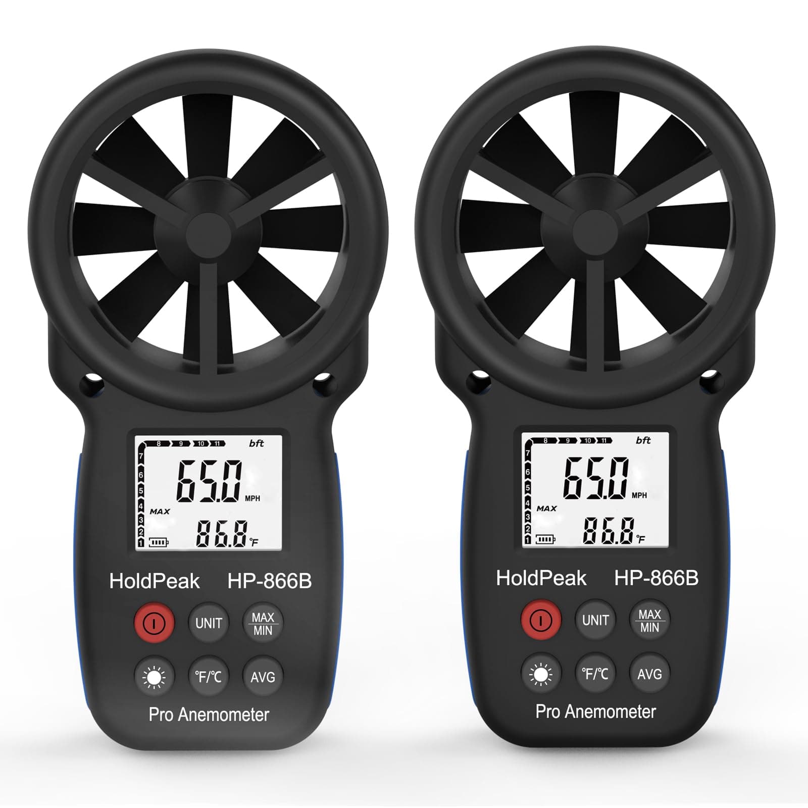 Holdpeak 866B*2 Digital Anemometer Handheld LCD Wind Speed Meter for Measuring Wind Speed, Temperature/Wind Chill with Backlight and Max/Min