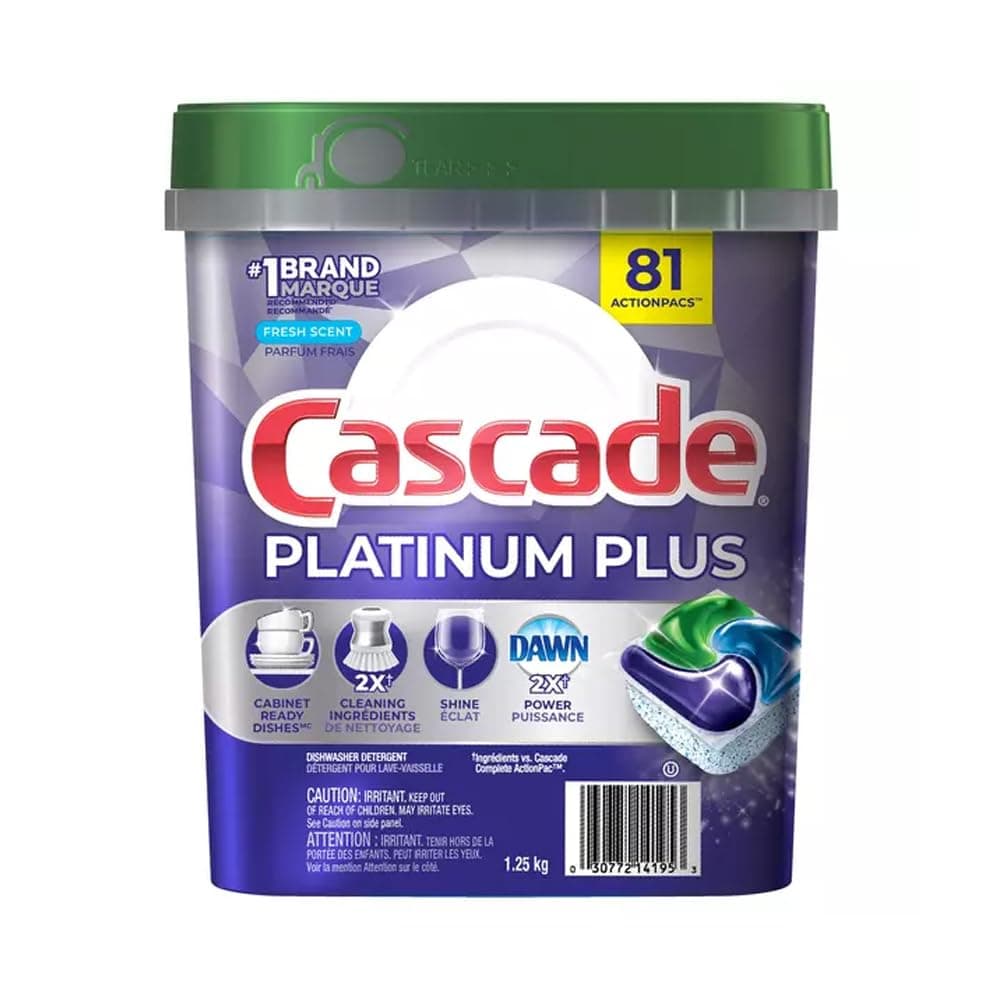 Cascade Platinum Plus Dishwasher Pod Dish Detergent Action Pacs Dish Pods 1.25Kg - Fresh Scent 81 Count