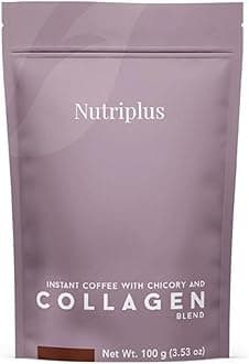 FARMASi Nutriplus Instant Coffee with Chicory and Collagen, Medium Roast Soluble Coffee Blend, Low Caffeine Alternative Beverage, Non GMO, Sugar Free, 3.53 oz