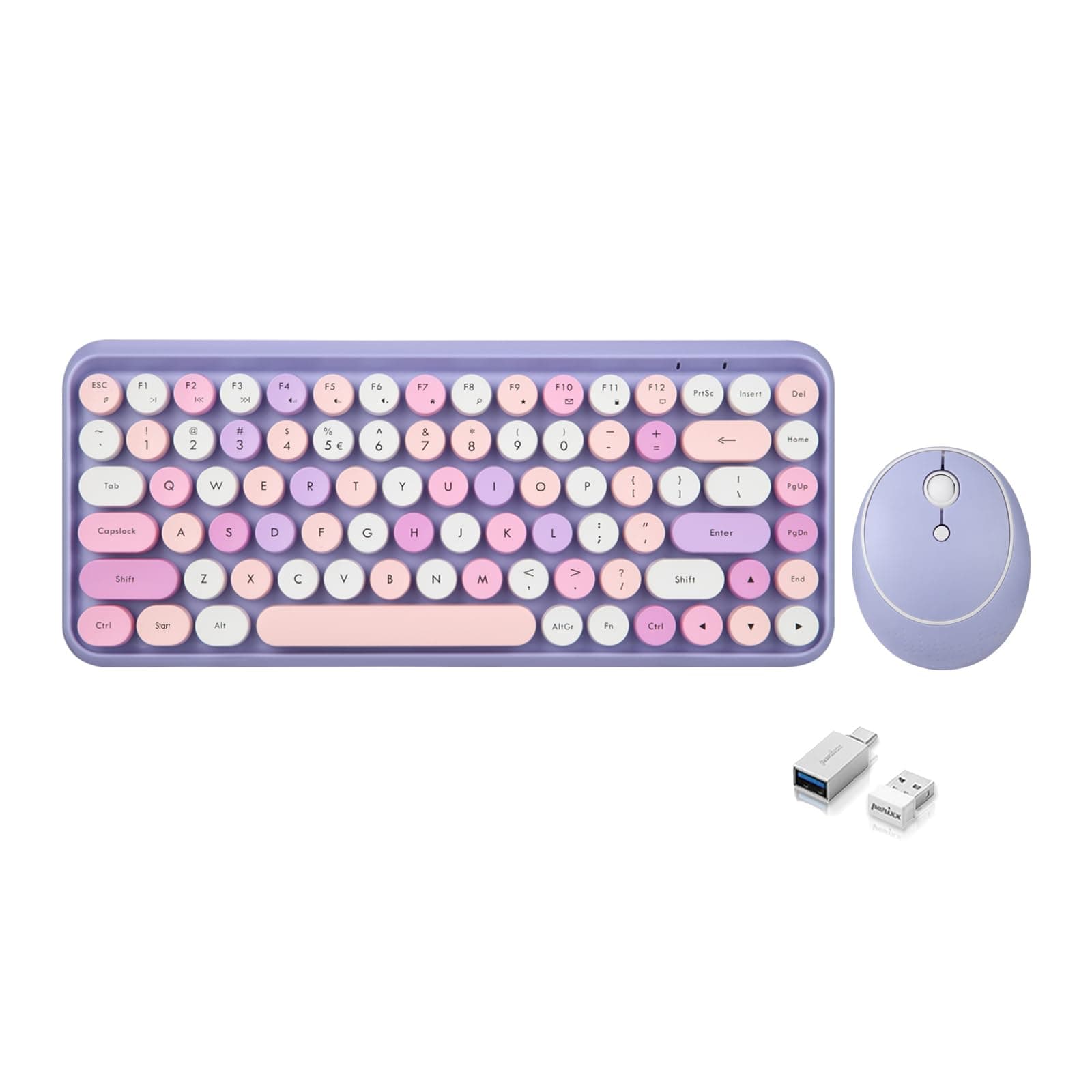 Perixx PERIDUO-713PP Wireless Mini Keyboard and Mouse Combo - Retro Round Key Caps - Pastel Purple - US English Layout (PD-713PPUS-11953)