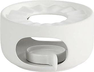 Stoneware Teapot Warmer with Safety Candle Spoon - Rustic Coarse Pottery Tea Heater Base with Vent Holes, Matte Finish Zen Decor for Glass & Ceramic Teapots, Coffee, Hot Sake (White)