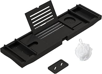 Bamboo Bathtub Tray Bath Tub Caddy with Expandable Handles Wine Glass Phone Holder Book Stand for Bathroom Luxury Spa Wooden Bath Table Board for Reading Laptop Over The Clawfoot tub Black