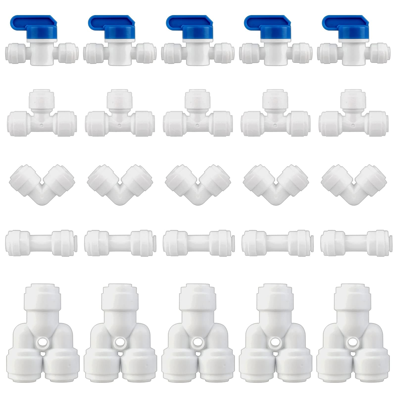 – 25 Pieces RO Water Filter Fitting, 1/4 Push Fit Connectors Plastic Water Filter Pipe Connectors Y T I L Type Combo with 1/4 Shut Off Valve RO Fittings for 6mm Water Pipe