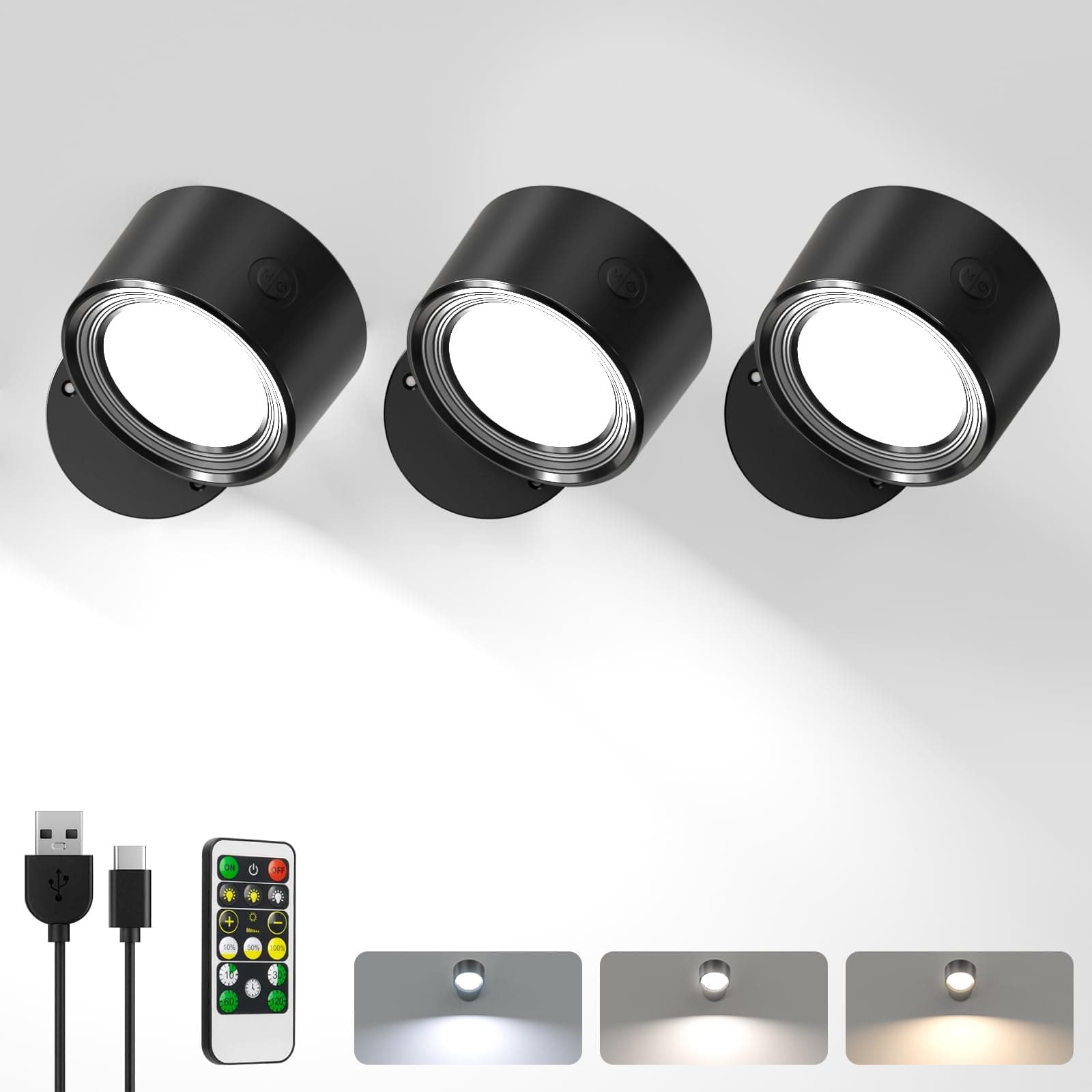 LED Wall Reading Lights with Remote, 3 Pcs Rechargeable Wall Mounted Reading Sconces Lamp 3000mAh, 3 Colors & Dimmable Magnetic 360° Rotation Wall Lighting Spotlights for Bedroom Bedside