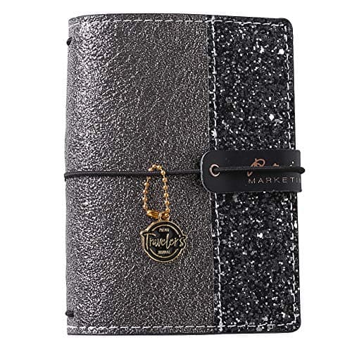 Travelers Notebook Refillable Journal - Blank Pages Daily Note, Mini Pocket Notebook, Faux Leather Shining Cover with 4 Rubber Bands, Good for Writing, Drawing as a Gift,Silver Black (Small Size)