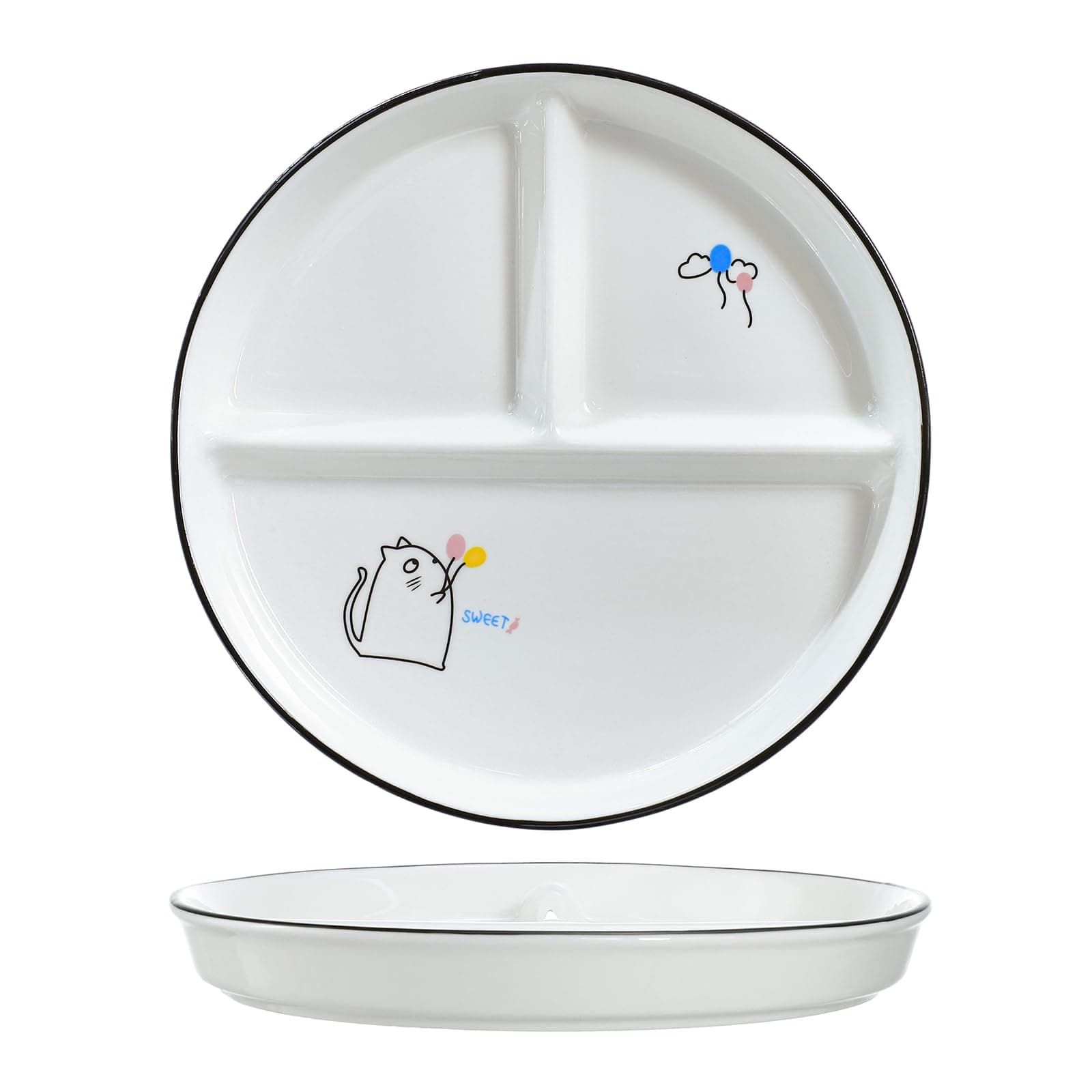 SOCOSY Ceramic 3-Compartment Portion Control Divided Plate, 8 Inch - Balloon Cat Pattern, Whimsical Style, Moderate Reusability, Picnic Occasion, Dishwasher & Microwave Safe, Round Shape, 1 Count