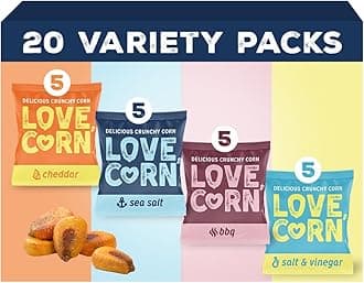 LOVE CORN Family Favorite - Sea Salt, BBQ, Salt & Vinegar, Cheddar 0.7oz x 20 - Delicious Crunchy Corn - Healthy Family Snacks - Gluten Free, NON-GMO - Alternative for Chips, Nuts, Crackers & Pretzels
