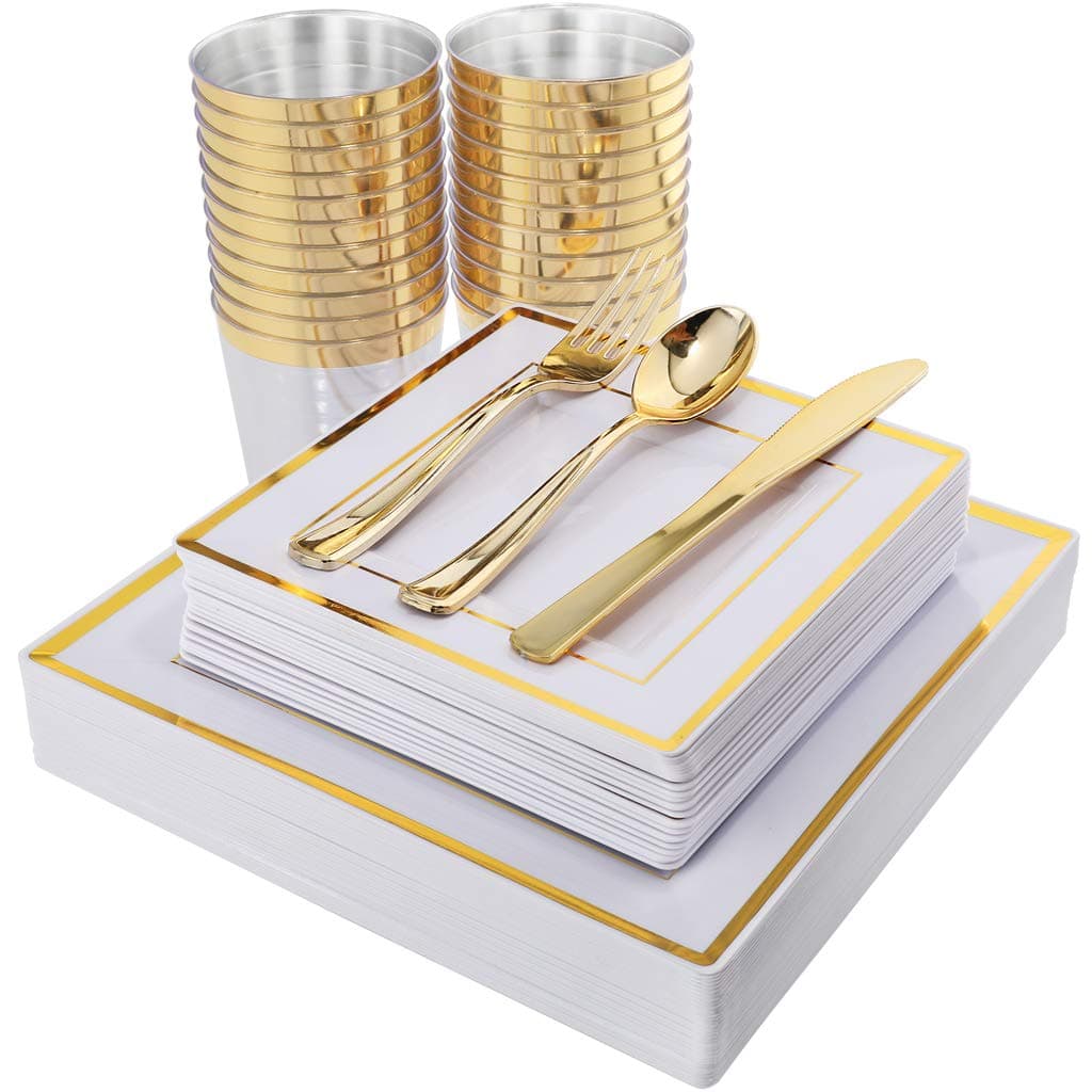 I00000 150PCS Gold plastic dinnerware set,White Gold Square Plates, Disposable Square Gold Plates Includes 25 Dinner Plates 25Dessert Plates 25Cups 25Plastic Cutlery for Christmas Party