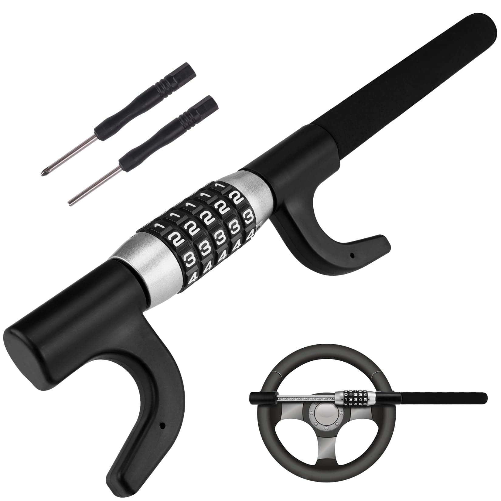 Tevlaphee Steering Wheel Lock, 5-Digit Keyless Combination Anti-Theft Device, Heavy Duty Universal Fit for Cars/SUVs/Vans/Trucks, Adjustable Extendable Design, High Security (Black)