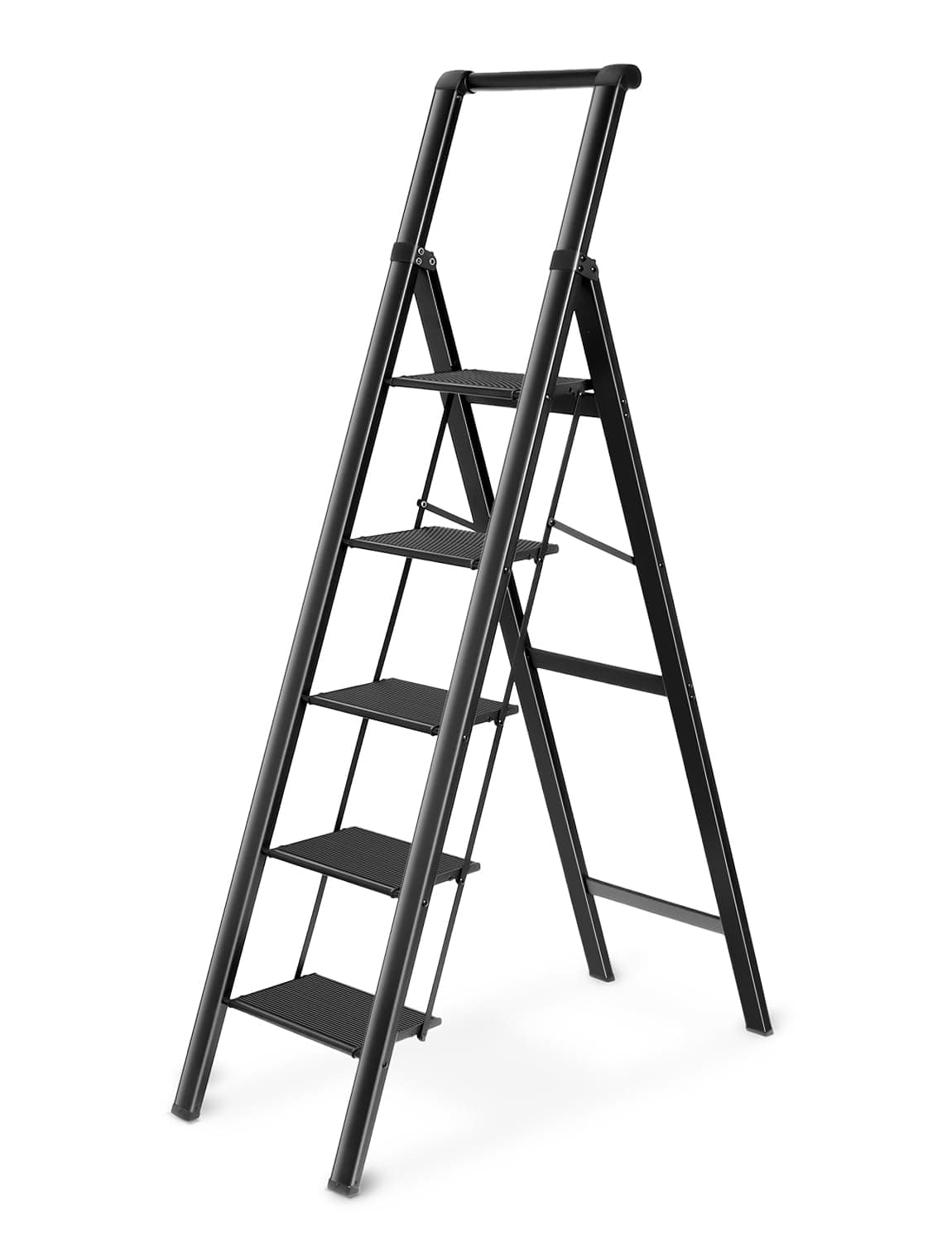 5 Step Ladder, Lightweight Portable Folding Step Stool with Anti-Slip Sturdy and Wide Pedal, 330lb Capacity, Perfect Multi-Use Aluminum Stepladder for Home Kitchen Office, Black