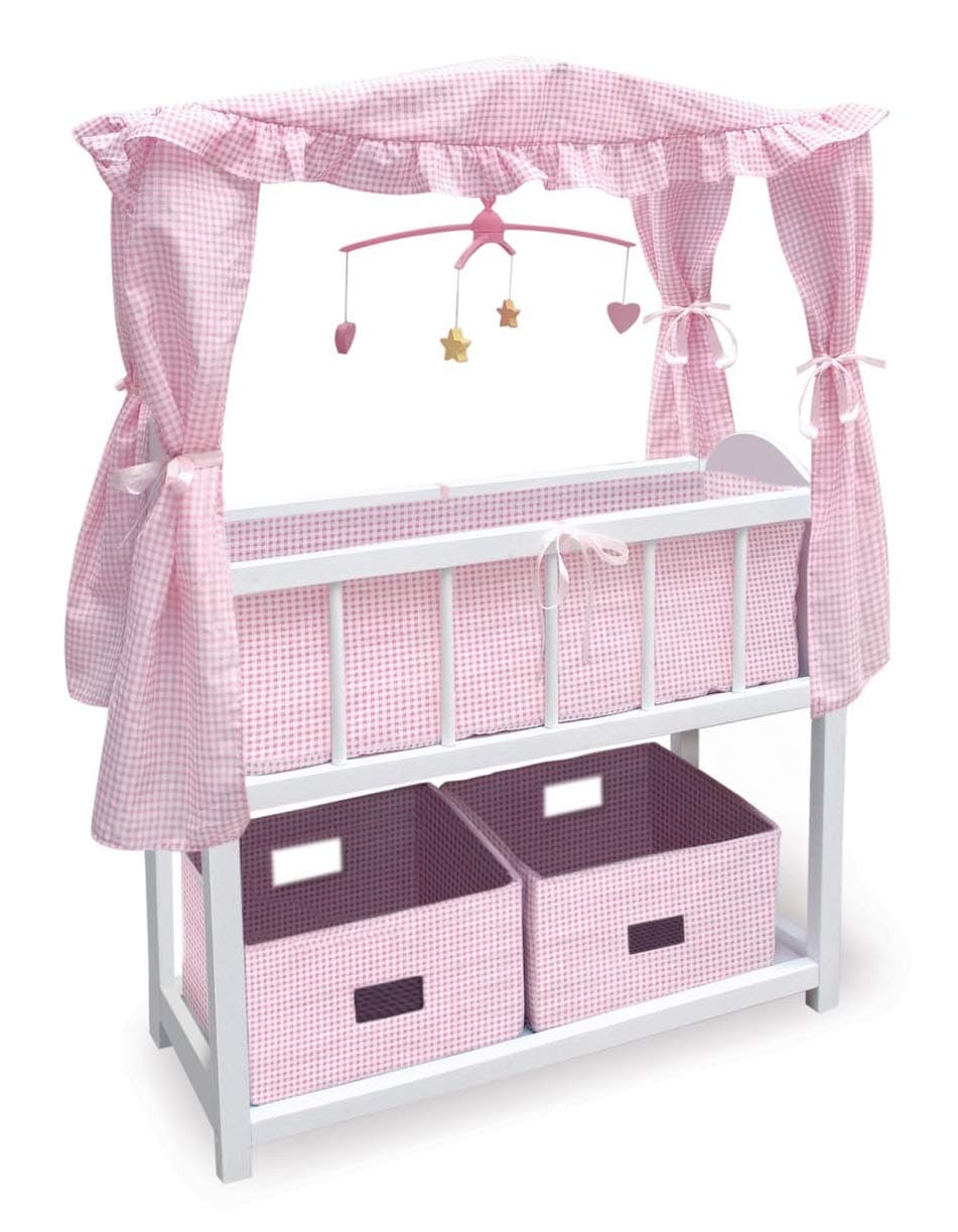 Badger Basket Doll Bed with Bedding, Storage Baskets, and Mobile – Fits Dolls up to 22 inches – Classic Nursery Design for Dolls and Accessories