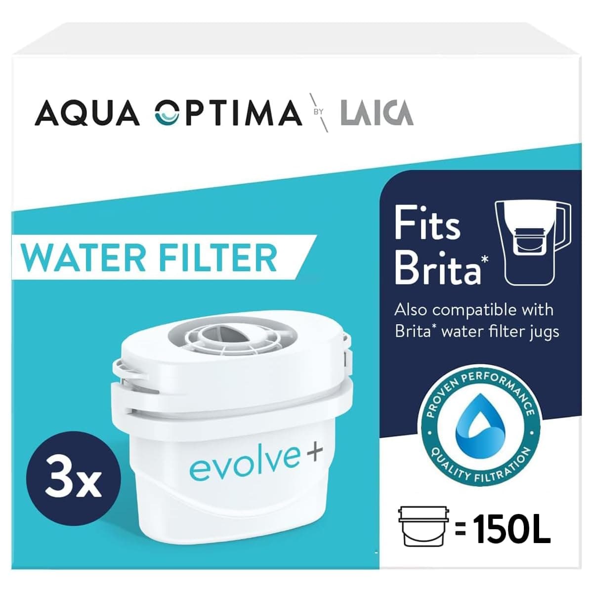 Aqua Optima Evolve+ Water Filter Cartridges 3 Pack - Fits Brita Jugs & Alternative for Maxtra Filters* - Reduces Limescale, Chlorine and Other Impurities - by LAICA (Packaging May Vary)