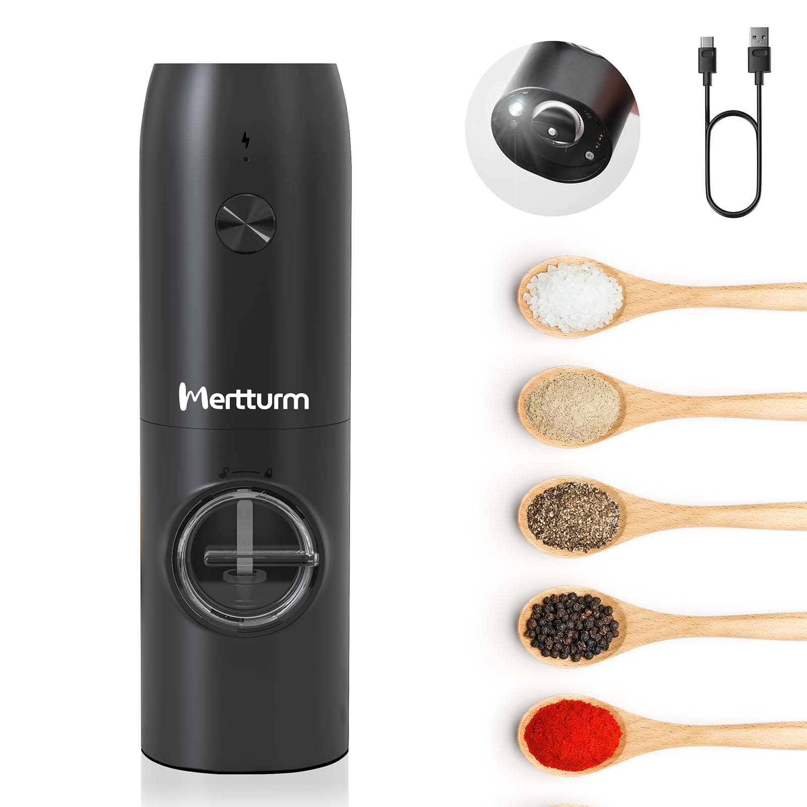 Rechargeable Electric Pepper Grinder, Automatic Pepper Salt Mill with LED White Light, One Hand Operation, Coarseness Adjustable, Refillable and Portable for Kitchen, Restaurant, Camping BBQ