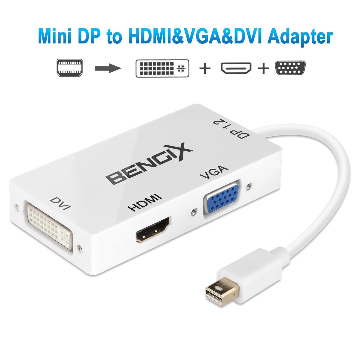 Mini Display Port 1.2(Thunderbolt compatible) to HDMI/DVI/VGA 3 in 1 Adapter Plug and Play Convert Cable for iMac MacBook Surface Book Surface Pro ThinkPad Carbon X1 (White)
