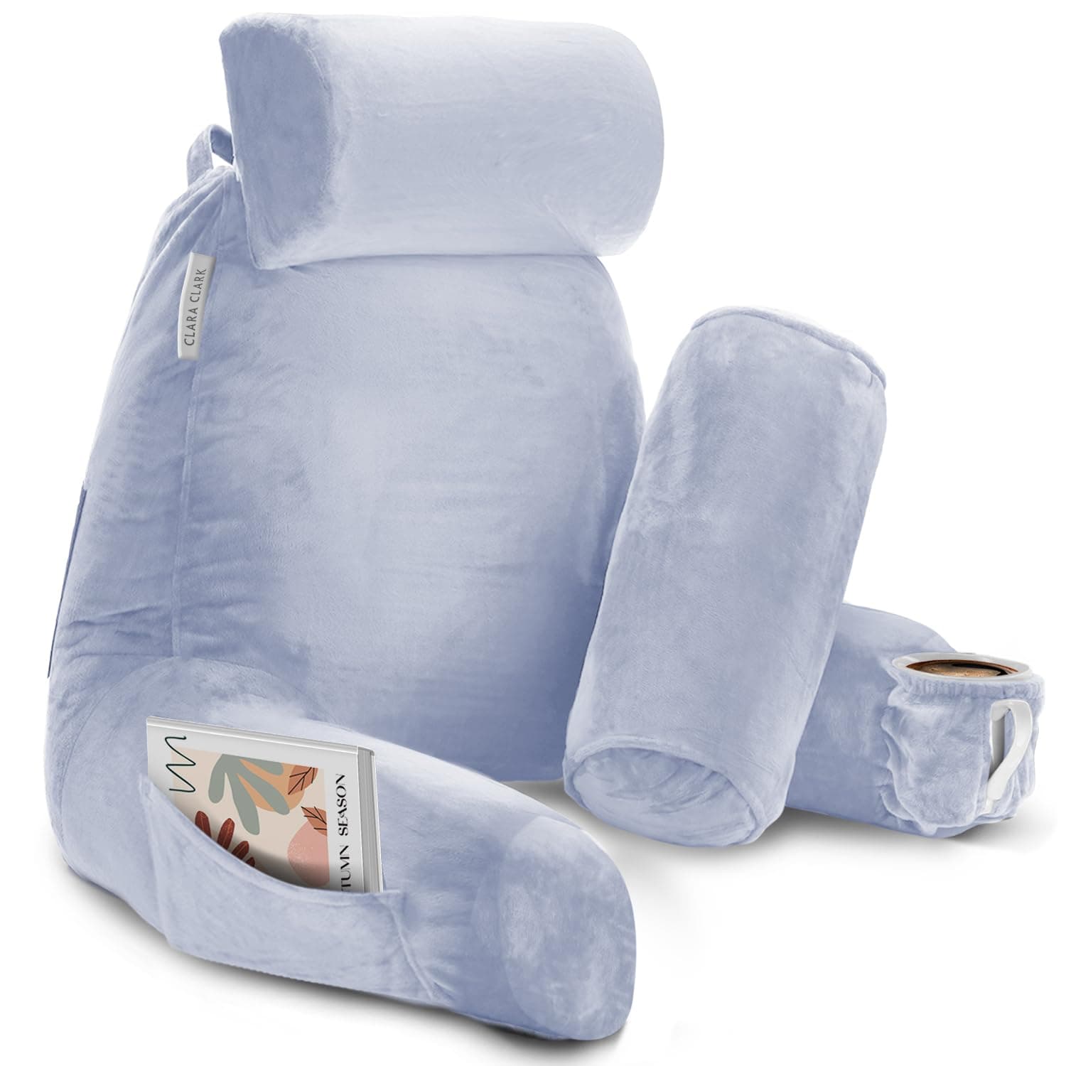 Clara Clark Reading Pillow with Shredded Memory Foam Includes 2 Neck and Lumber Support Pillows, Designed for Sitting Up in Bed and Couch, Back and Arms Adjustable Support for Adults & Teens, Ice Blue