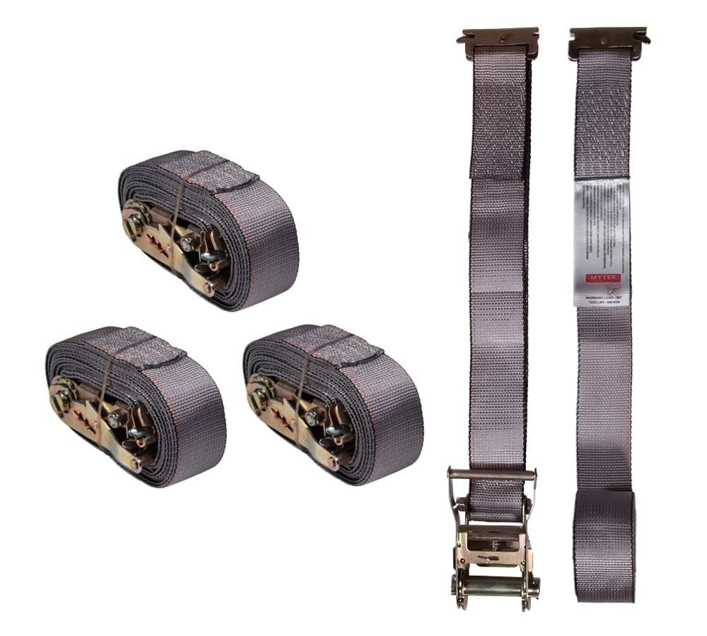 Mytee Products (4 Pack) 2'' x 16' E Track Straps w/Spring E-Fittings - Grey Ratchet Etrack Straps w/Heavy Duty 4000 lbs Breaking Strength for Enclosed Trailers, Trucks & Vans