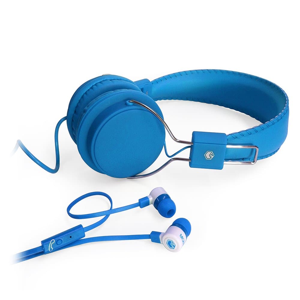 MQbix MQHT470BLU 2-In-1 Combo Pack EarFoam Plus High Performance In-Ear Earphones with Built-In Mic and Deep Bass Stereo Headphones, Blue