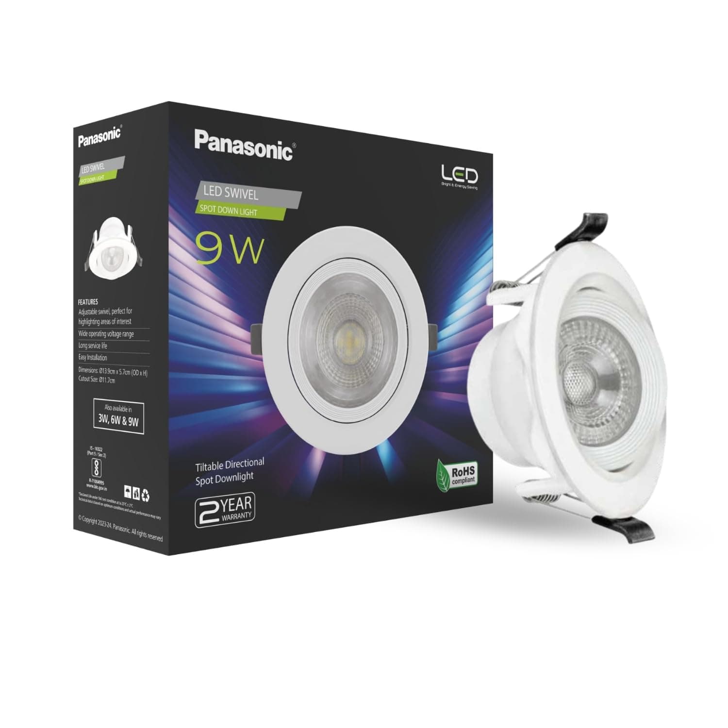 Panasonic 9W LED Swivel Downlight, Recessed Downlight for False Ceiling, Cutout 90mm, Warm White Light (PDLM40093)