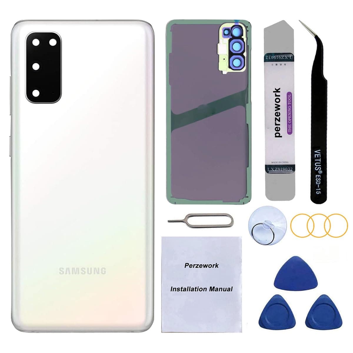 OEM Rear Back Glass Replacement for Samsung Galaxy S20 6.2 inches with Reparing Toolkit and Pre-Installed Adhesive (Could White)