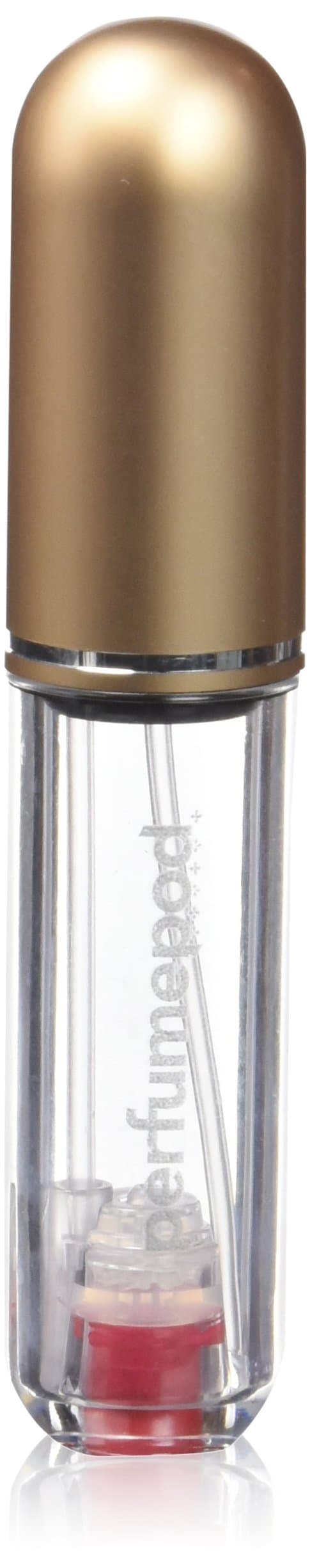 Pod Pure Perfume Atomizer - Leak-Proof and TSA Approved for Air Travel - Reusable and Airtight Easy-Fill Mini Pump Sprayer - Lightweight, Clear Body, Fun Colorful Lid - Gold 0.17oz