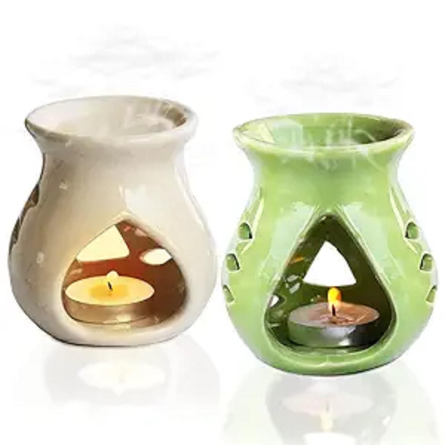 Pure Source India Ceramic Oil Burner Aroma Diffuser Set of 2 (Green & Off-White)
