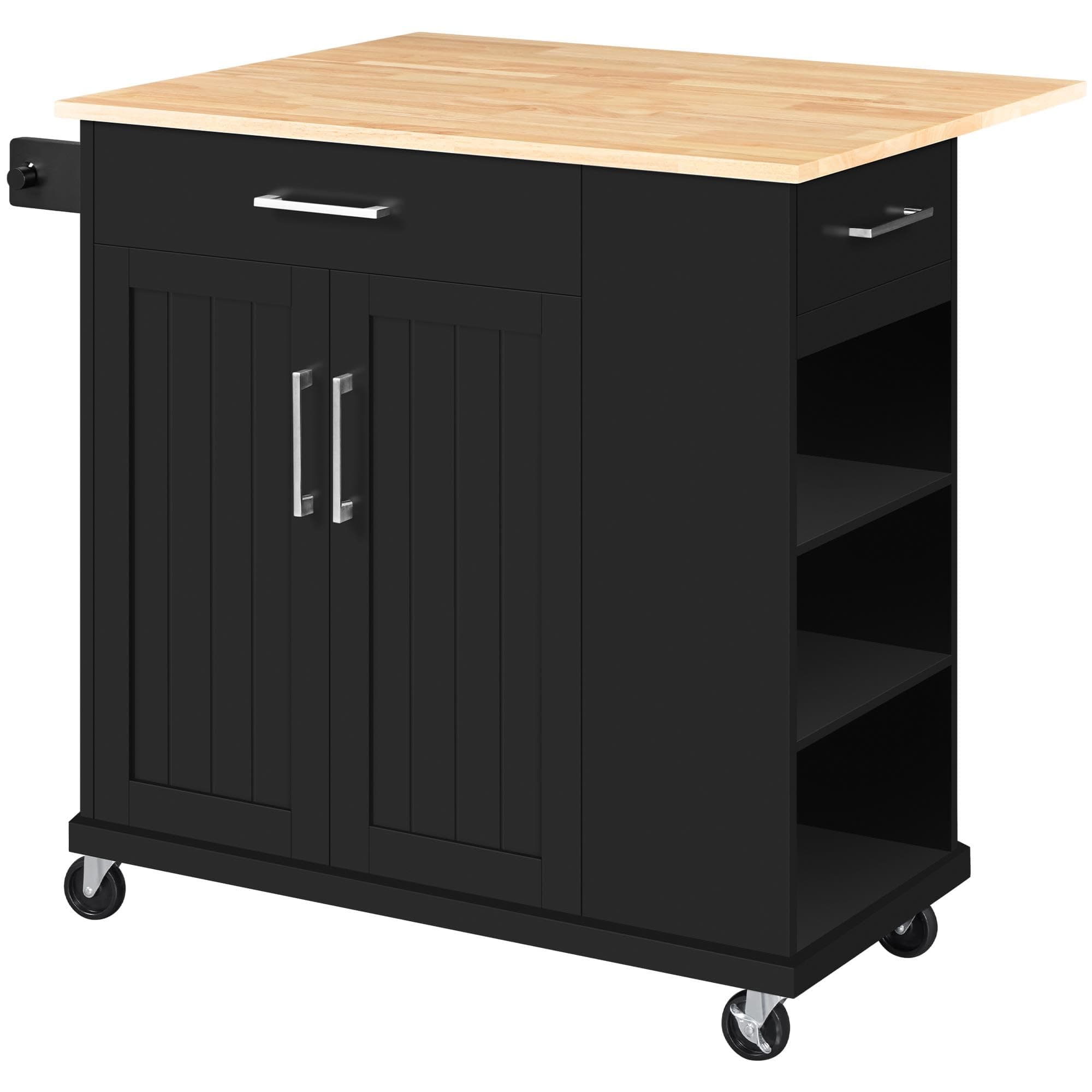 Yaheetech Rolling Kitchen Island Cart with Drop Leaf, Portable Rubberwood Breakfast Bar with Storage Cabinet, Open Shelves & Detachable Towel, 2 Drawers, Black