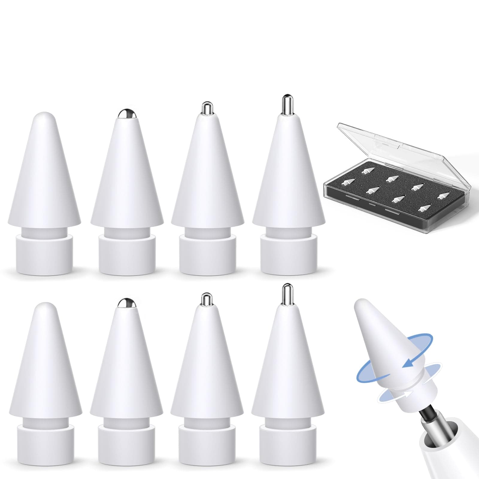 Inesore 【Expert Recommended】8-Piece Set Apple Pencil Tips with Storage Case, Compatible with Apple Pencil Pro / 1st/2nd Generation / USB-C, Pencil Tips for iPad Pro/Air/Mini with High Sensitivity Chip