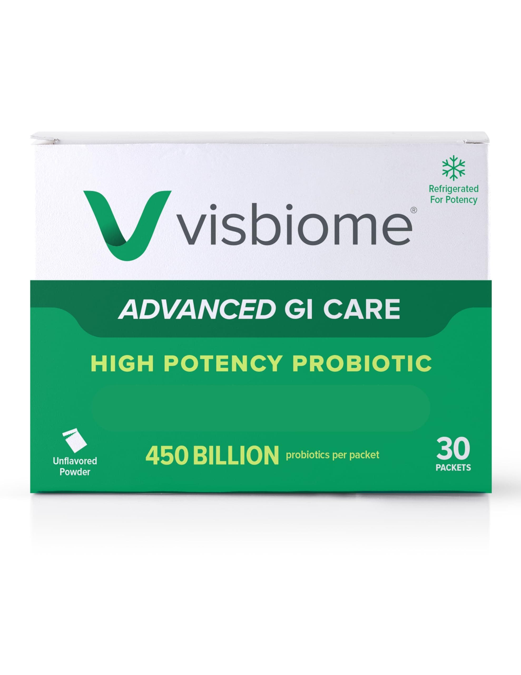 Visbiome® Advanced GI Care - High Potency Probiotic 450 Billion Strength - 30 Packets Unflavored Powder - Original De Simone Formulation - Shipped Cold in Recyclable Cooler with Temperature Monitor.